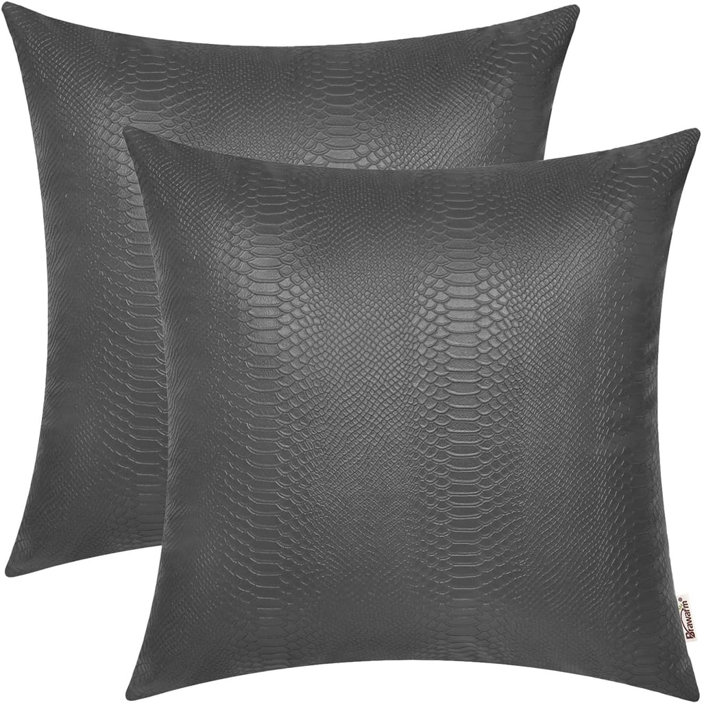 Charcoal Gray Leather Throw Pillows 18 X 18 Inches - Snake Leather Pillow Covers Pack of 2, Faux Leather Decorative Pillow Covers for Couch Living Room Garden Bed Sofa Home