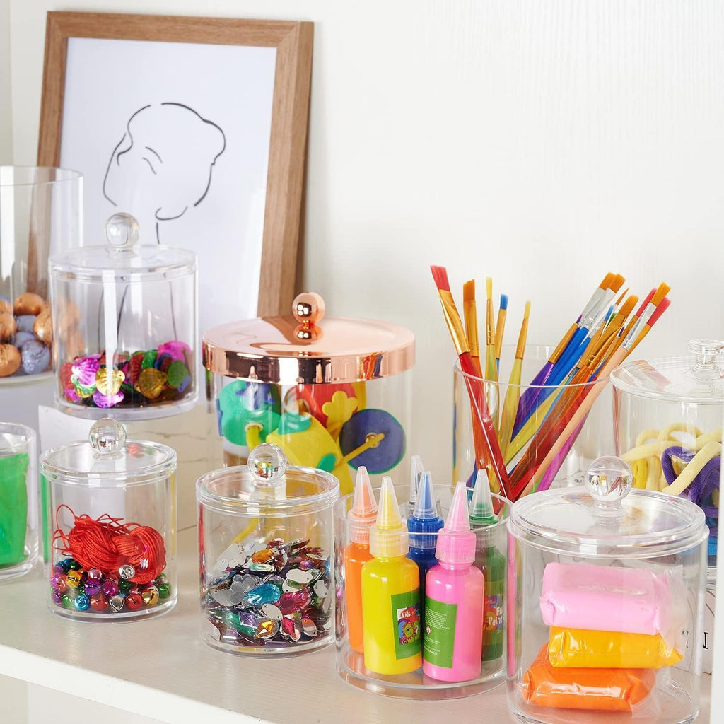 6-Pack Clear Acrylic Apothecary Jars with Labels - (3) 10Oz & (3) 12Oz Qtip Holder Set - Shatterproof Bathroom Vanity Organizer for Cotton Swabs, Balls, Pads - Minimalist Decor
