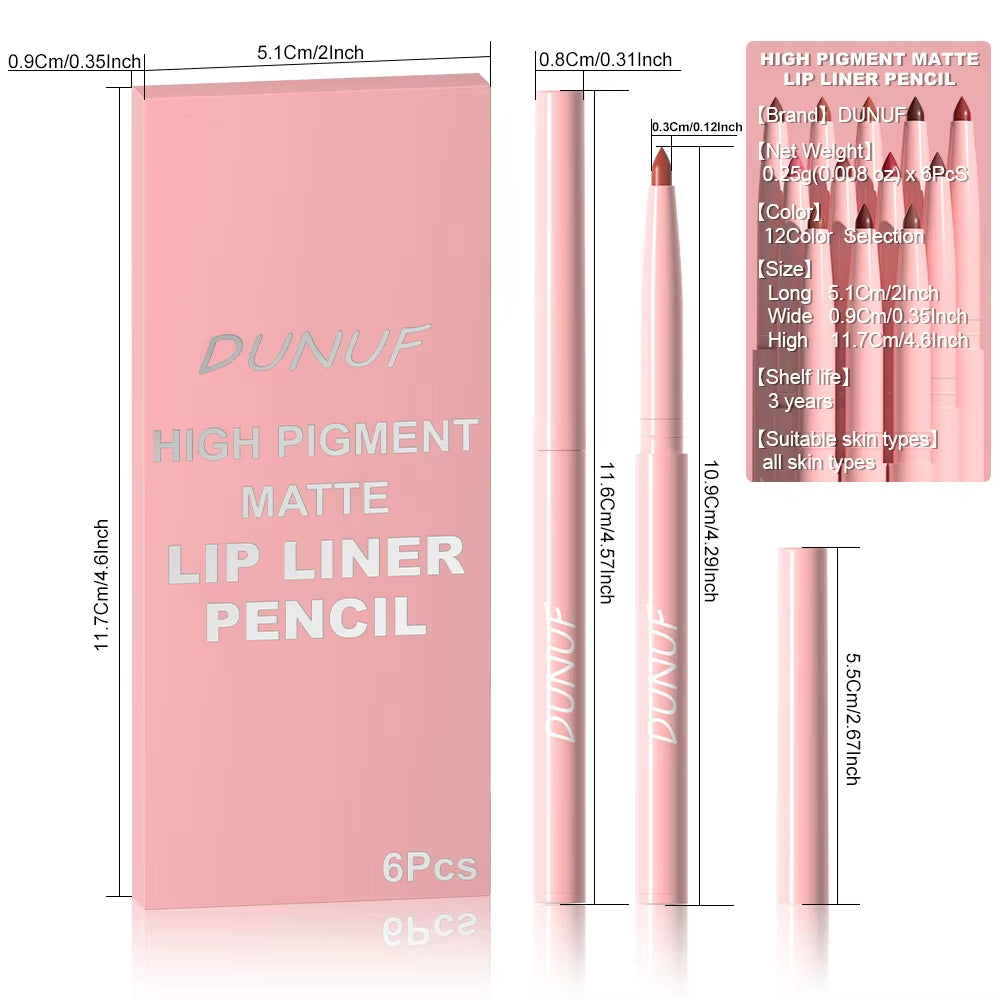 6Pcs Lip Liner Pen Set Long-Lasting, Waterproof Sweatproof, Easy Coloring Non-Fading Color Rendering Lip Gloss Set Beauty Makeup