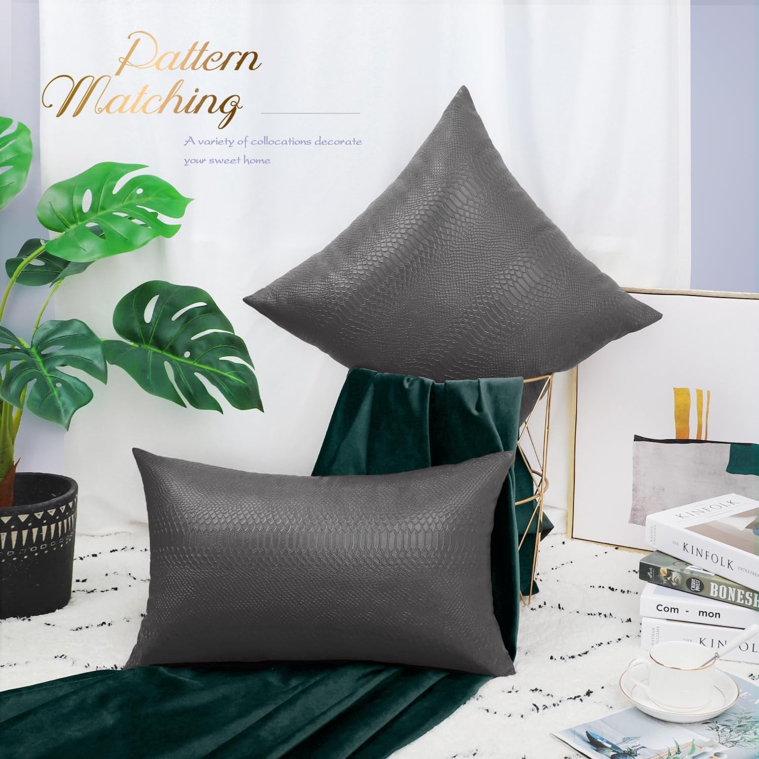 Charcoal Gray Leather Throw Pillows 18 X 18 Inches - Snake Leather Pillow Covers Pack of 2, Faux Leather Decorative Pillow Covers for Couch Living Room Garden Bed Sofa Home