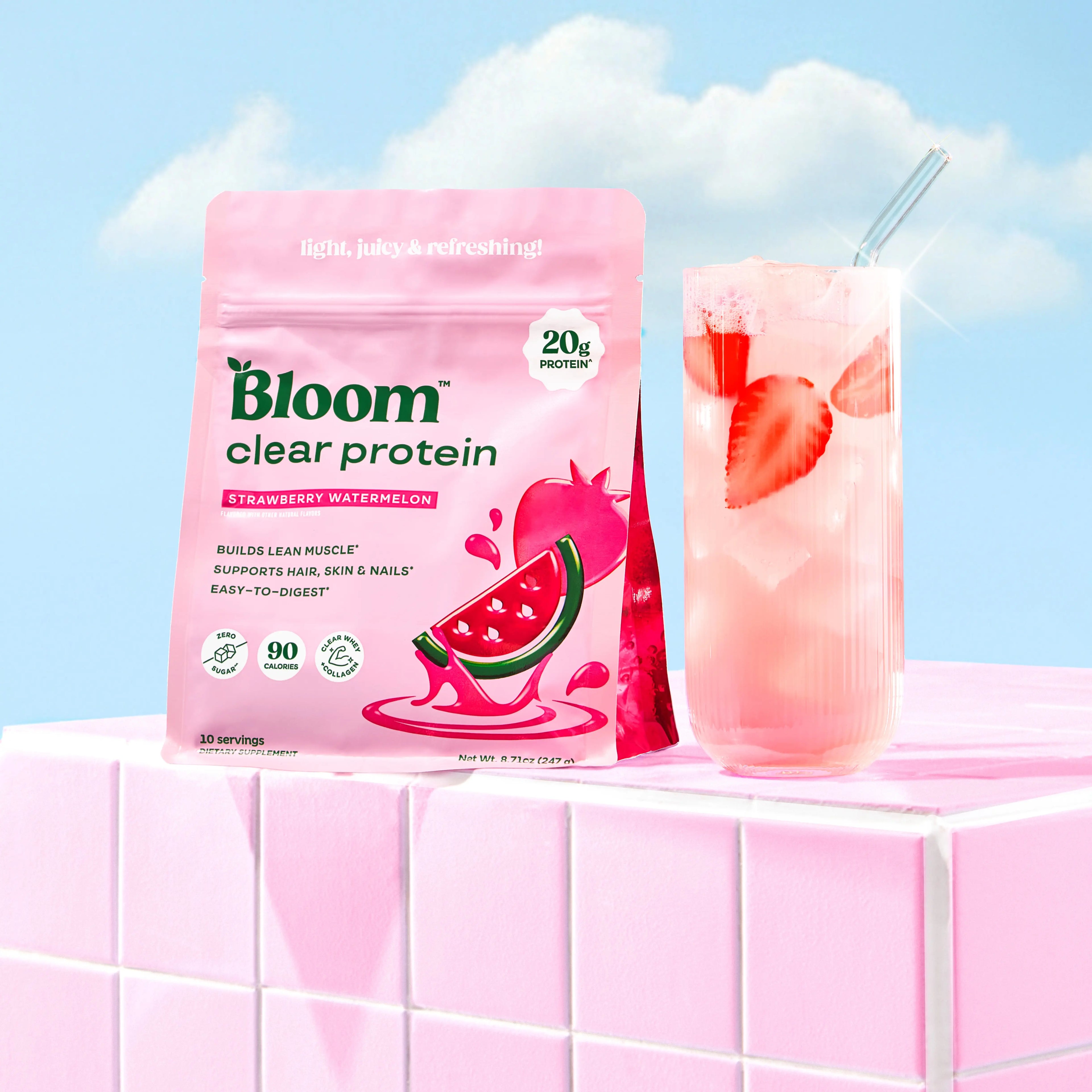 Bloom Nutrition Clear Protein - Clear Whey + Collagen Protein Blend | 20G Protein, 90 Calories, 0G Sugar, Light & Refreshing Fruity Drink | Protein for Women
