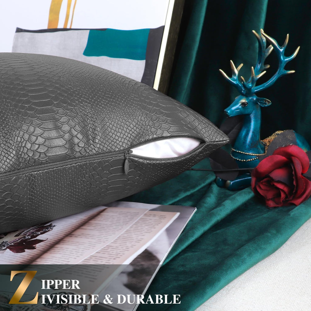 Charcoal Gray Leather Throw Pillows 18 X 18 Inches - Snake Leather Pillow Covers Pack of 2, Faux Leather Decorative Pillow Covers for Couch Living Room Garden Bed Sofa Home