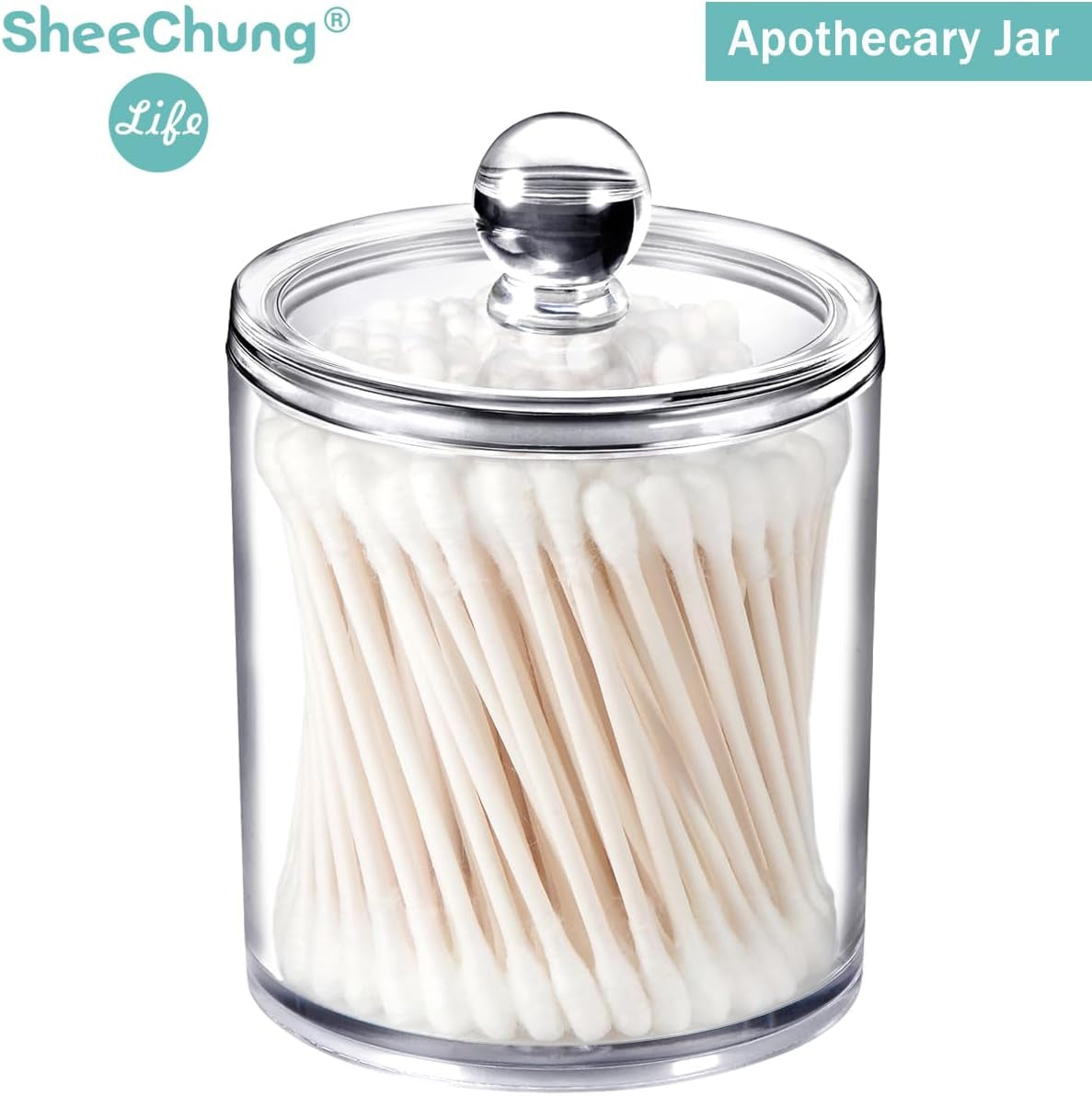 6-Pack Clear Acrylic Apothecary Jars with Labels - (3) 10Oz & (3) 12Oz Qtip Holder Set - Shatterproof Bathroom Vanity Organizer for Cotton Swabs, Balls, Pads - Minimalist Decor