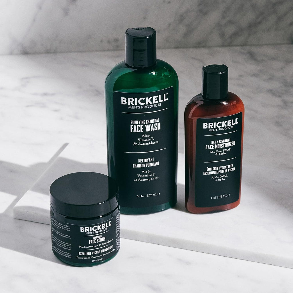 Brickell Men'S Daily Advanced Face Care Routine II, Activated Charcoal Facial Cleanser, Face Scrub, Facial Moisturizer Lotion, with Activated Charcoal, Hyaluronic Acid, and Aloe, Scented