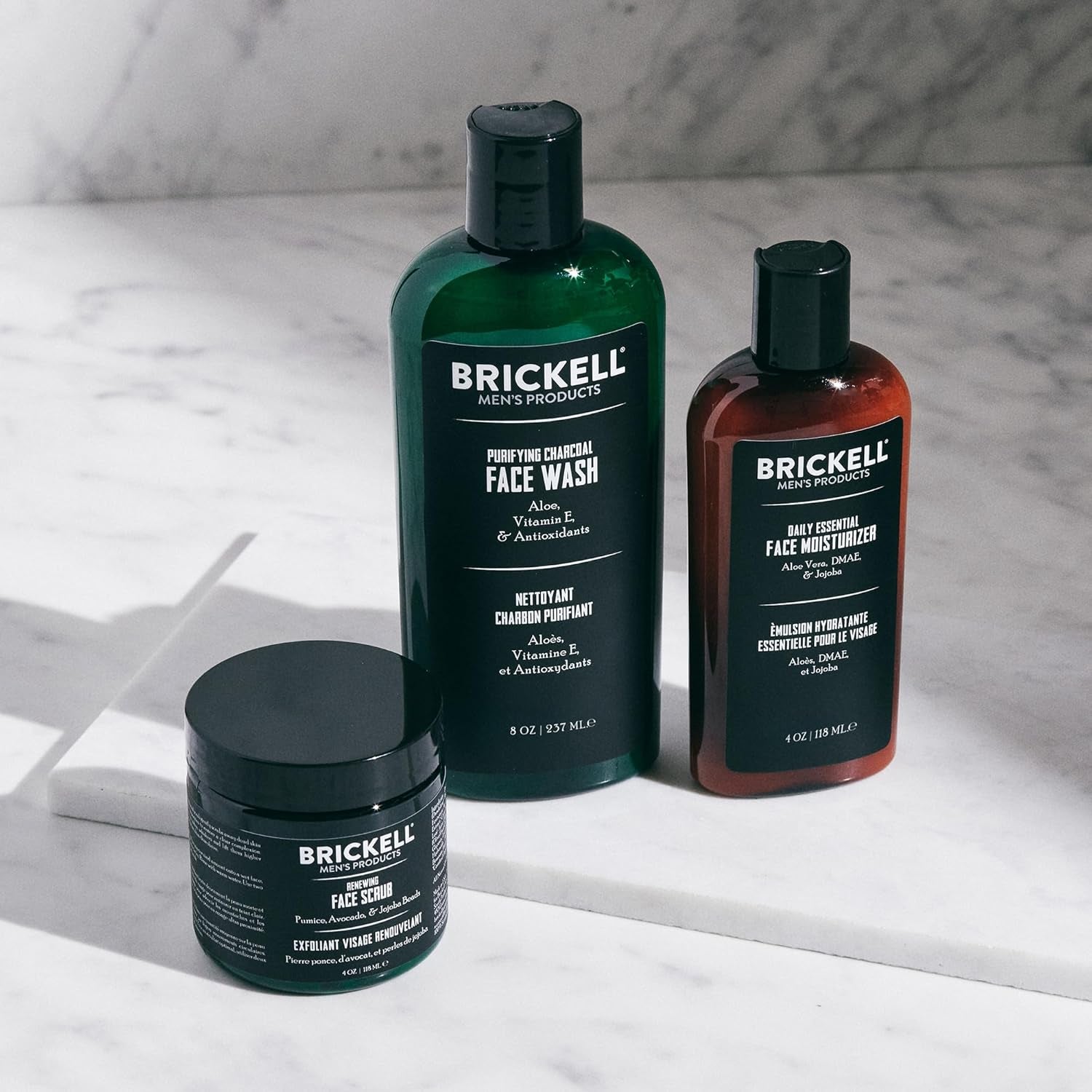Brickell Men'S Daily Advanced Face Care Routine II, Activated Charcoal Facial Cleanser, Face Scrub, Facial Moisturizer Lotion, with Activated Charcoal, Hyaluronic Acid, and Aloe, Scented