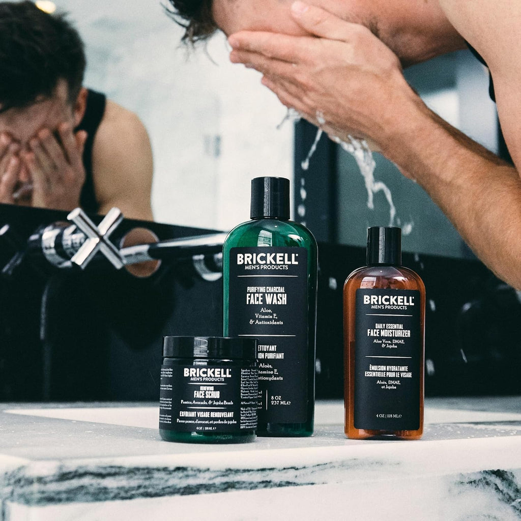 Brickell Men'S Daily Advanced Face Care Routine II, Activated Charcoal Facial Cleanser, Face Scrub, Facial Moisturizer Lotion, with Activated Charcoal, Hyaluronic Acid, and Aloe, Scented
