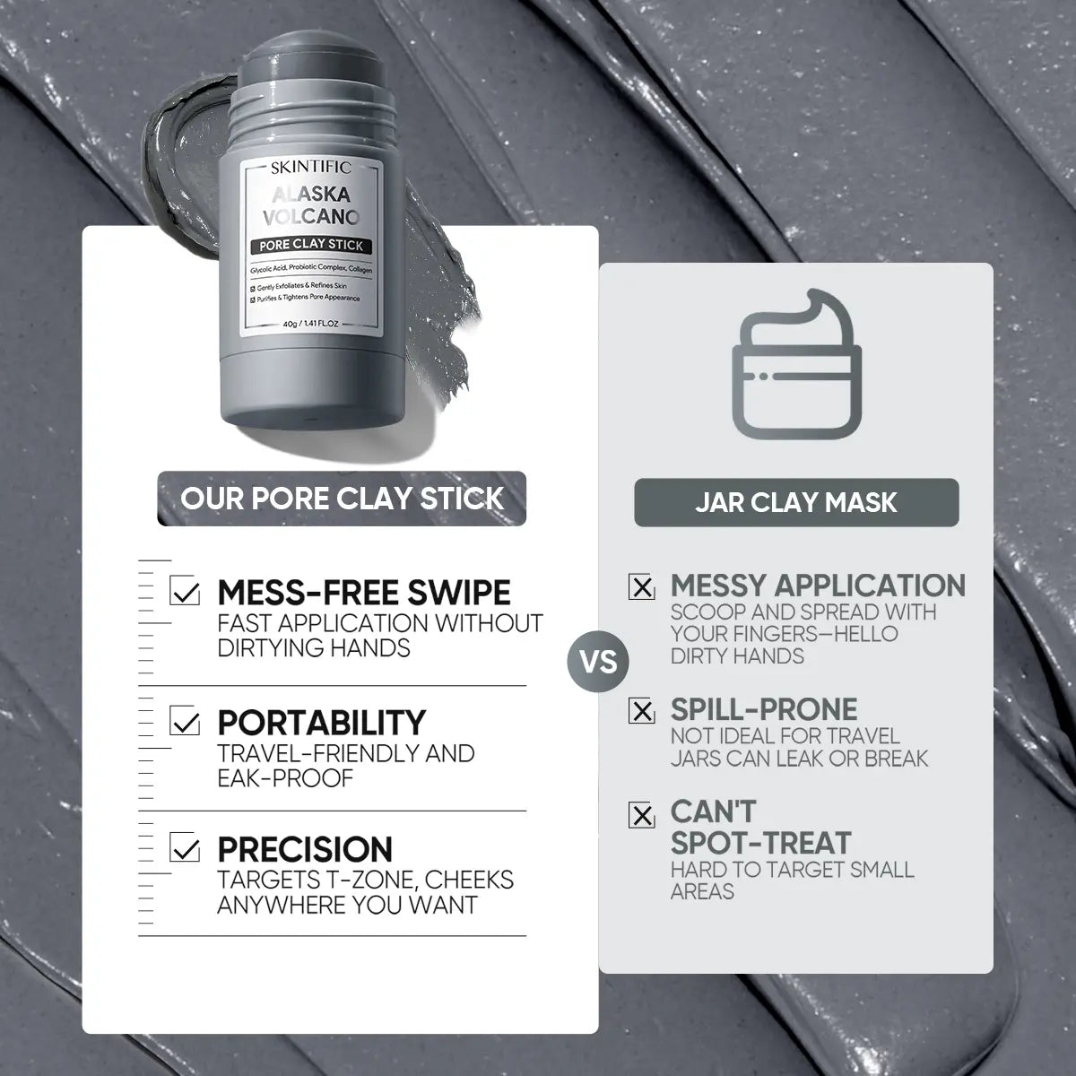 SKINTIFIC Alaska Volcano Pore Clay Stick - Natural Clay Cleansing Blackhead Remover Face Mask Stick for Gentle Exfoliation and Smoothing Skin without Drying