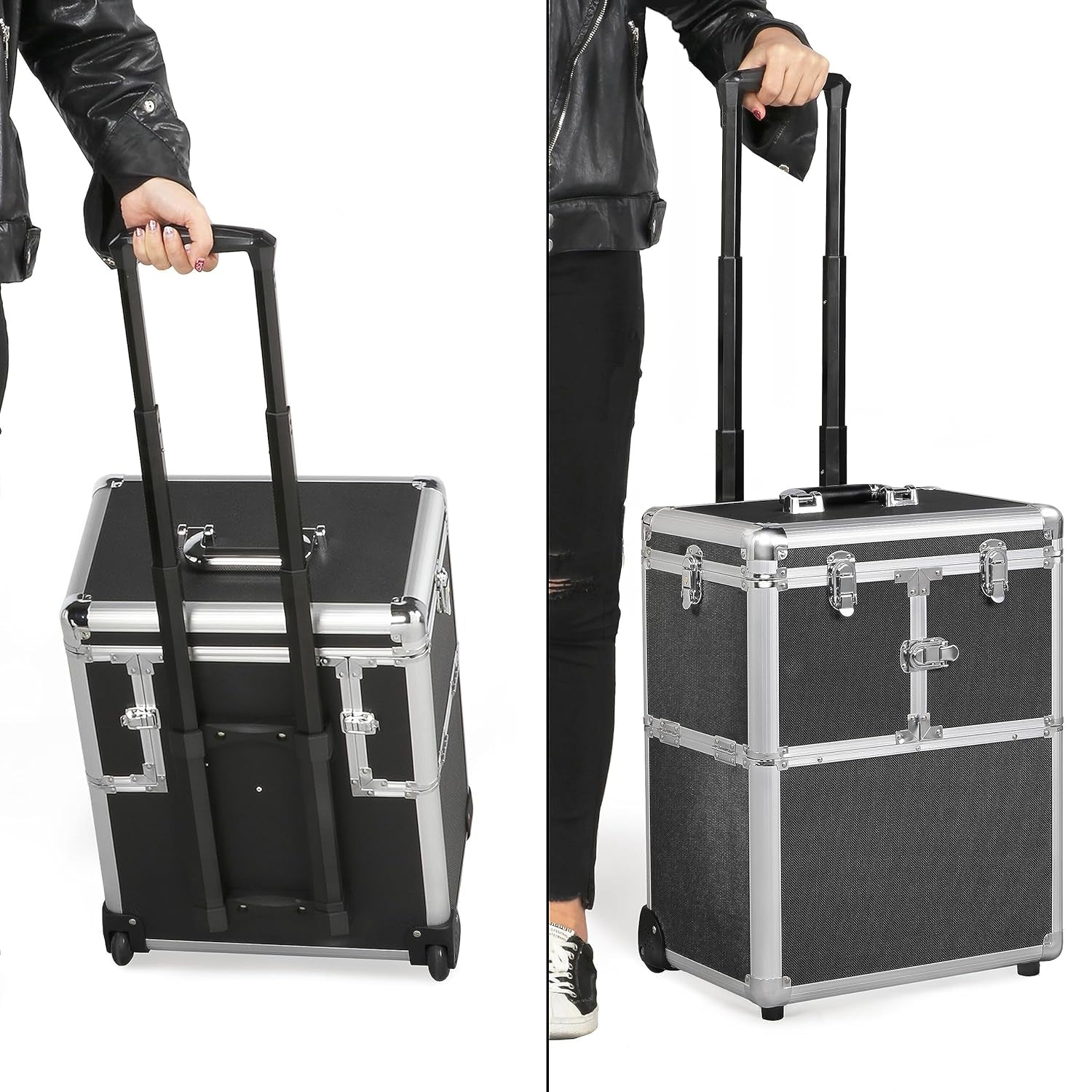 Pro Aluminum Rolling Makeup Case Salon Cosmetic Box Organizer Trolley Beauty Train Case,Black