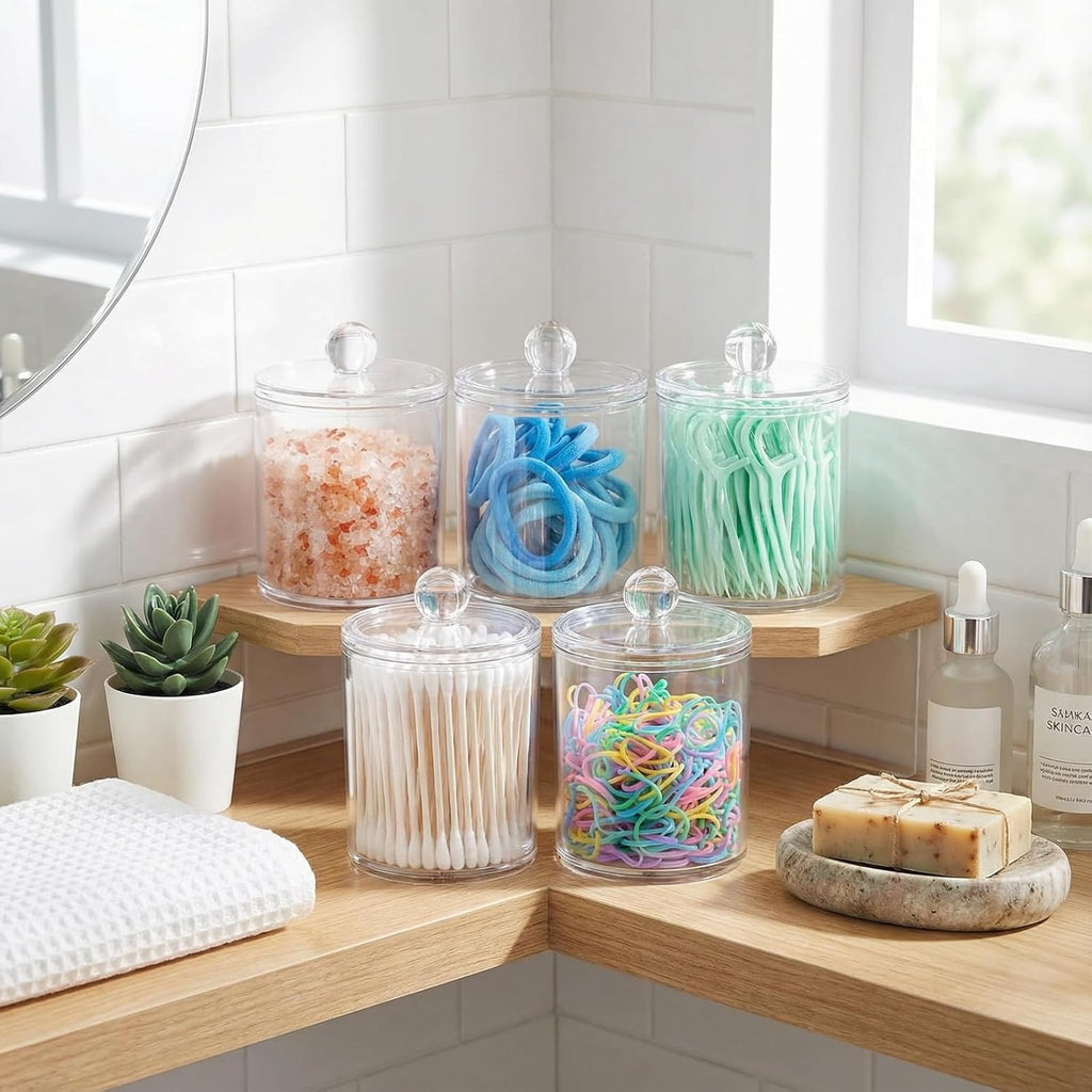 6-Pack Clear Acrylic Apothecary Jars with Labels - (3) 10Oz & (3) 12Oz Qtip Holder Set - Shatterproof Bathroom Vanity Organizer for Cotton Swabs, Balls, Pads - Minimalist Decor