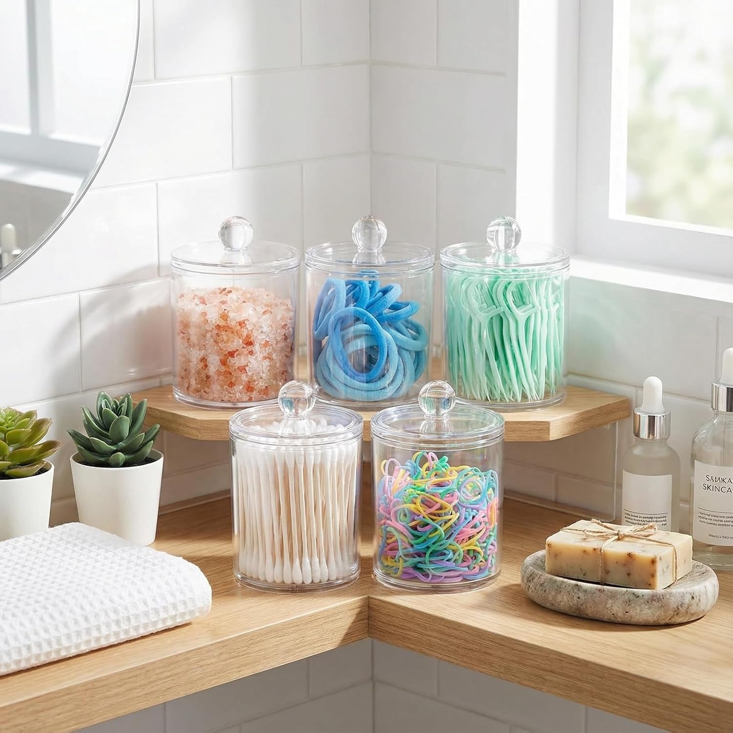 6-Pack Clear Acrylic Apothecary Jars with Labels - (3) 10Oz & (3) 12Oz Qtip Holder Set - Shatterproof Bathroom Vanity Organizer for Cotton Swabs, Balls, Pads - Minimalist Decor