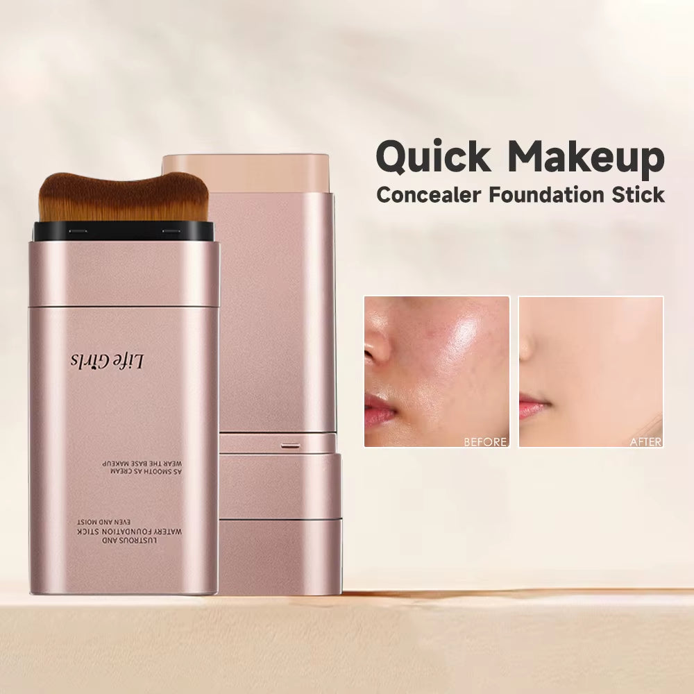 Watery Double-Headed Foundation Stick with Brush, Natural Long-Lasting Flawless Makeup for Facial Concealer Cosmetics