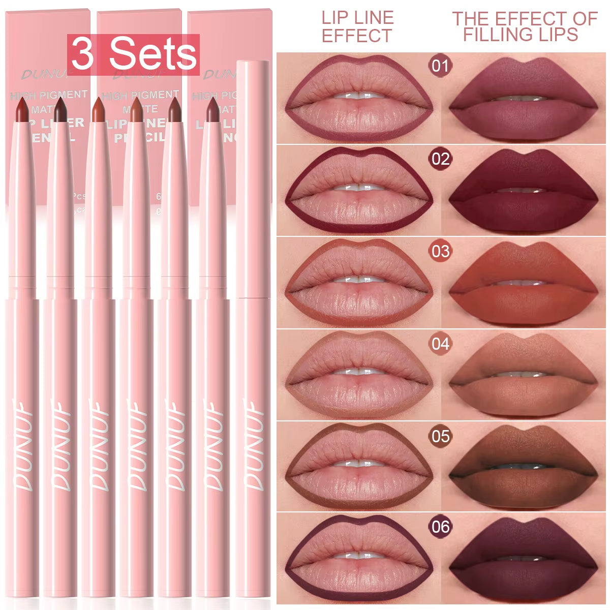6Pcs Lip Liner Pen Set Long-Lasting, Waterproof Sweatproof, Easy Coloring Non-Fading Color Rendering Lip Gloss Set Beauty Makeup