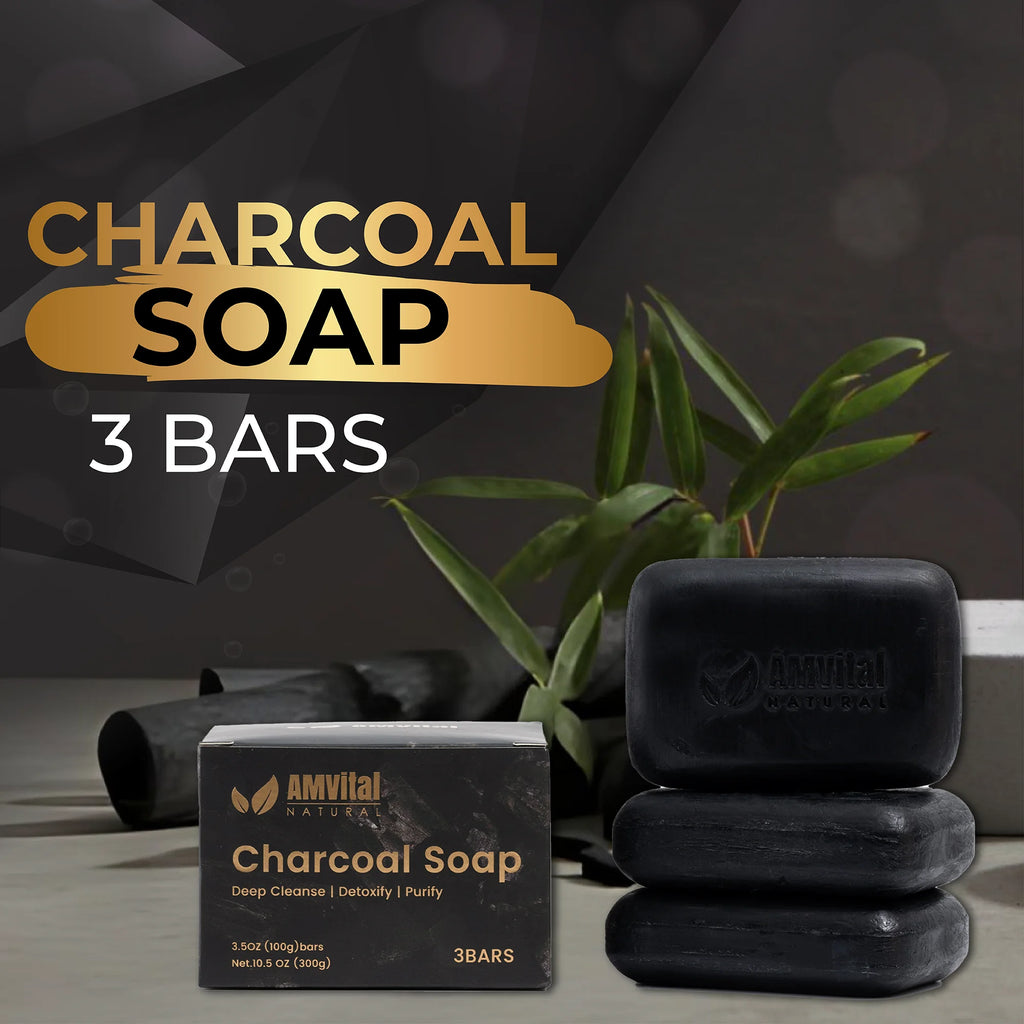 Natural Charcoal Soap Bar Set - 3 Pack for Deep Cleansing Body & Face