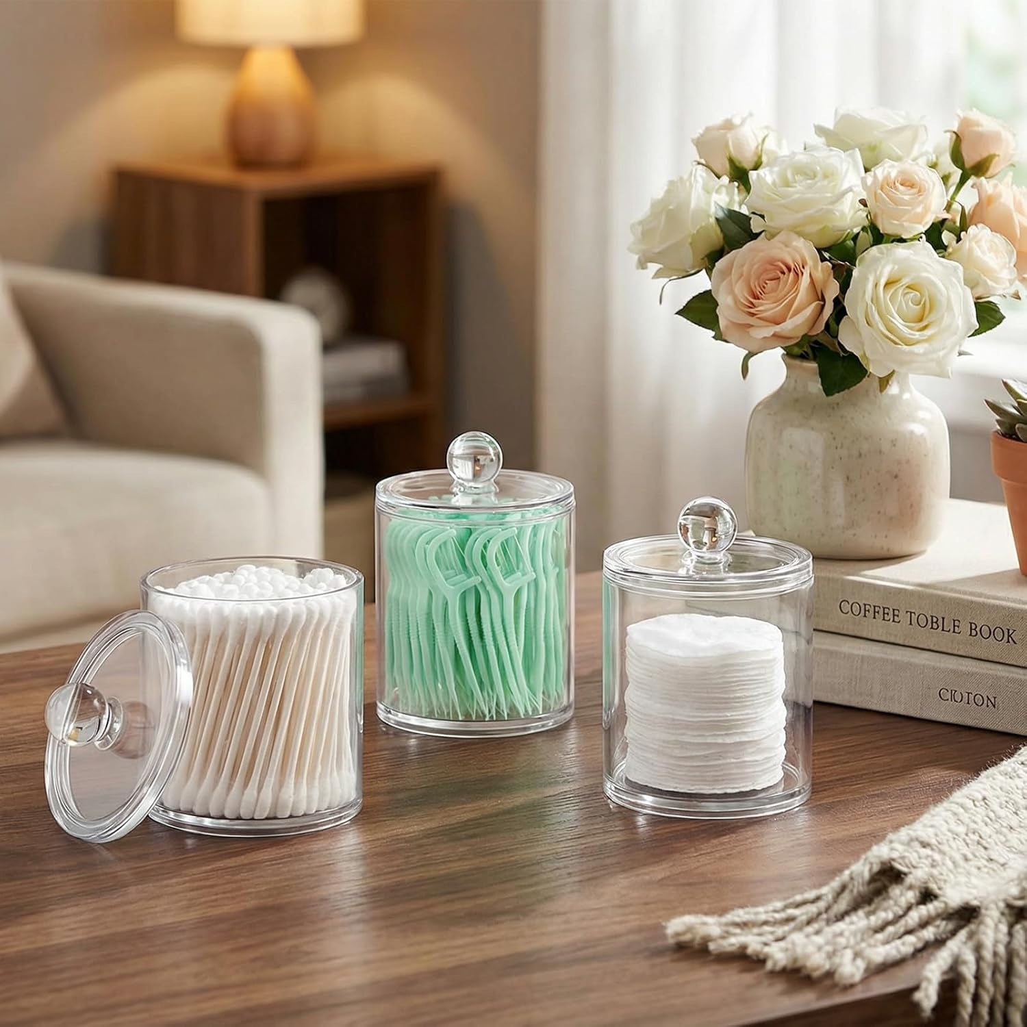 6-Pack Clear Acrylic Apothecary Jars with Labels - (3) 10Oz & (3) 12Oz Qtip Holder Set - Shatterproof Bathroom Vanity Organizer for Cotton Swabs, Balls, Pads - Minimalist Decor