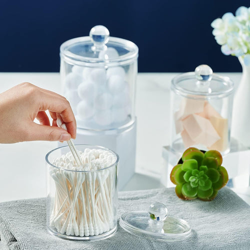 6-Pack Clear Acrylic Apothecary Jars with Labels - (3) 10Oz & (3) 12Oz Qtip Holder Set - Shatterproof Bathroom Vanity Organizer for Cotton Swabs, Balls, Pads - Minimalist Decor