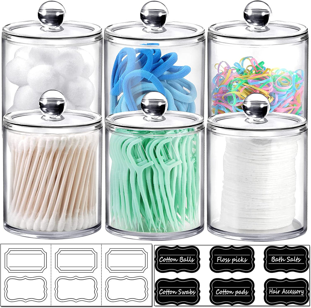 6-Pack Clear Acrylic Apothecary Jars with Labels - (3) 10Oz & (3) 12Oz Qtip Holder Set - Shatterproof Bathroom Vanity Organizer for Cotton Swabs, Balls, Pads - Minimalist Decor