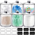 6-Pack Clear Acrylic Apothecary Jars with Labels - (3) 10Oz & (3) 12Oz Qtip Holder Set - Shatterproof Bathroom Vanity Organizer for Cotton Swabs, Balls, Pads - Minimalist Decor