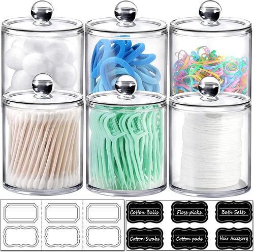 6-Pack Clear Acrylic Apothecary Jars with Labels - (3) 10Oz & (3) 12Oz Qtip Holder Set - Shatterproof Bathroom Vanity Organizer for Cotton Swabs, Balls, Pads - Minimalist Decor