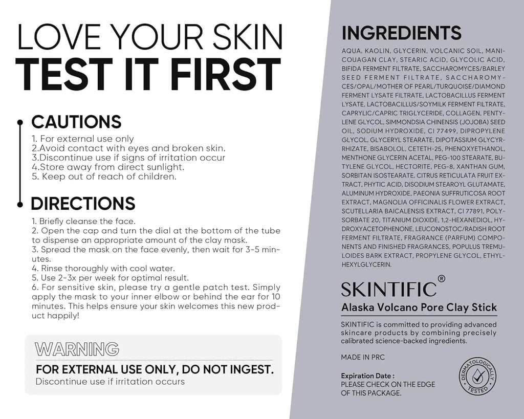SKINTIFIC Alaska Volcano Pore Clay Stick - Natural Clay Cleansing Blackhead Remover Face Mask Stick for Gentle Exfoliation and Smoothing Skin without Drying