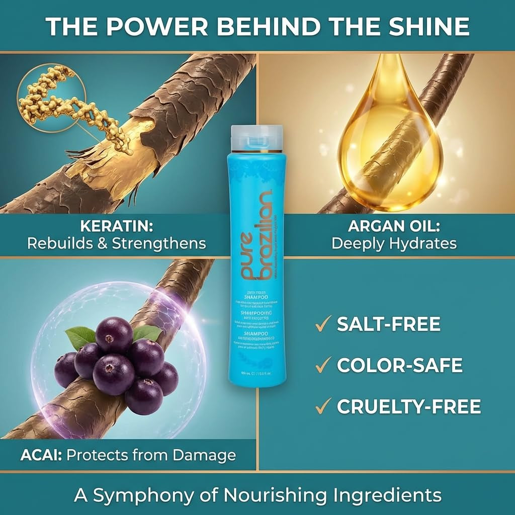 Anti-Frizz Daily Shampoo, Salt-Free, Color Safe, with Keratin, Argan Oil & Acai for Prolonged Treatment & Smooth Hair, 13.5 Oz