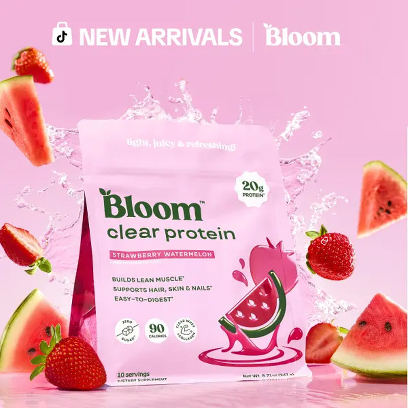 Bloom Nutrition Clear Protein - Clear Whey + Collagen Protein Blend | 20G Protein, 90 Calories, 0G Sugar, Light & Refreshing Fruity Drink | Protein for Women