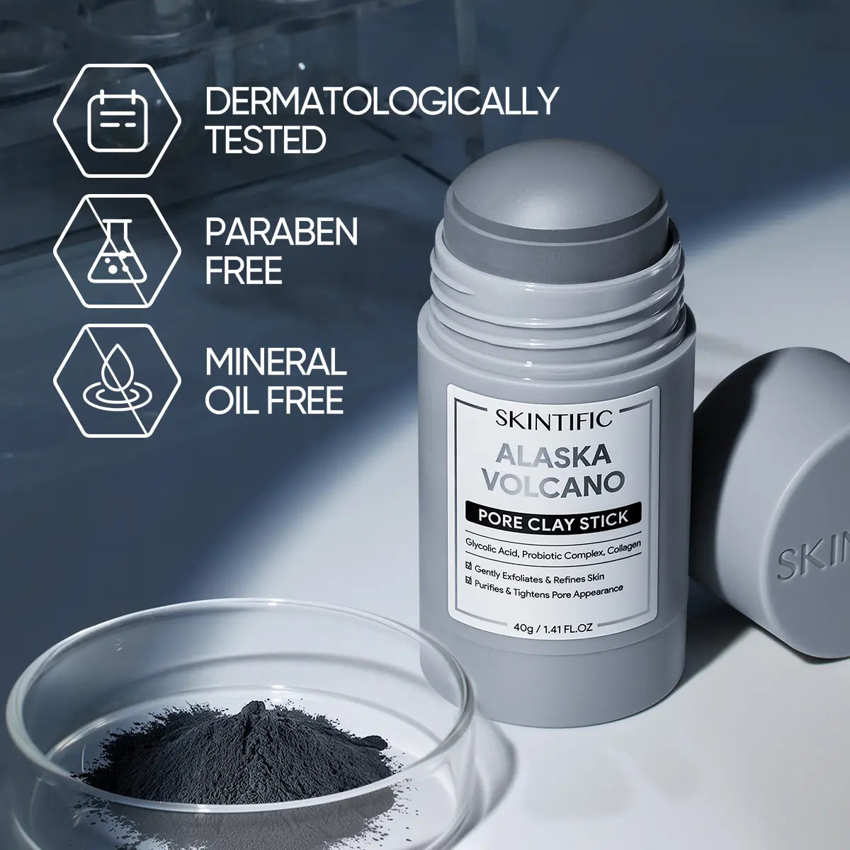 SKINTIFIC Alaska Volcano Pore Clay Stick - Natural Clay Cleansing Blackhead Remover Face Mask Stick for Gentle Exfoliation and Smoothing Skin without Drying