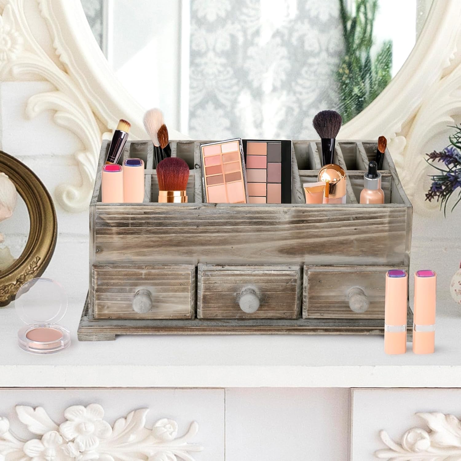 Rustic Vanity Organizer for Cosmetics, Makeup, and Bathroom Accessories, Wooden Farmhouse Storage Box with 3 Drawers, Vintage Countertop, Dresser, or Desk Organization